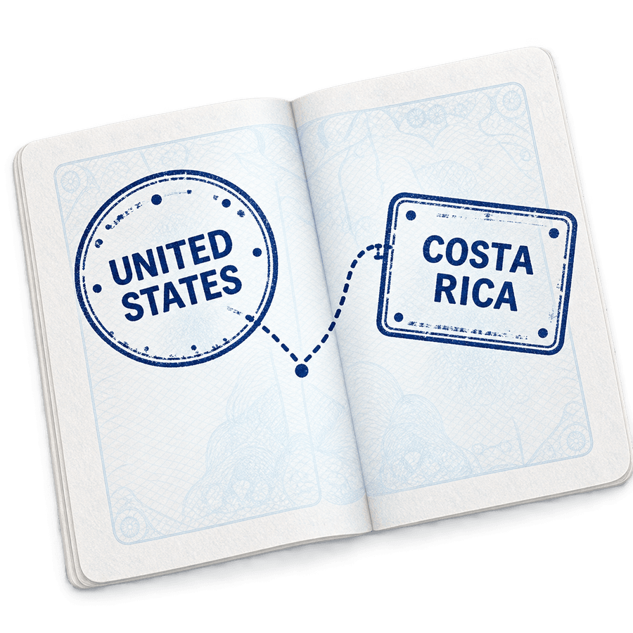 An open passport visa page with a United States entry stamp and a Costa Rica entry stamp, joined by a dotted line